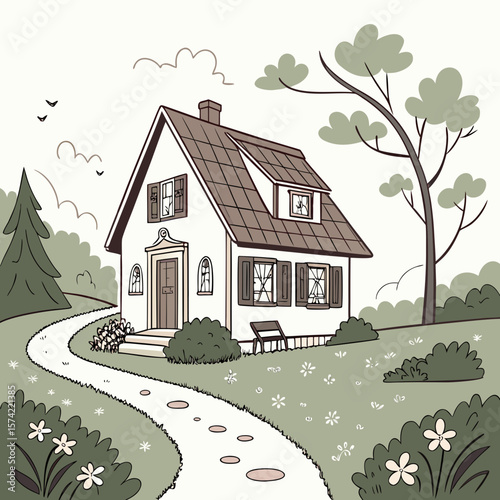 Charming cottage with garden path and trees house home