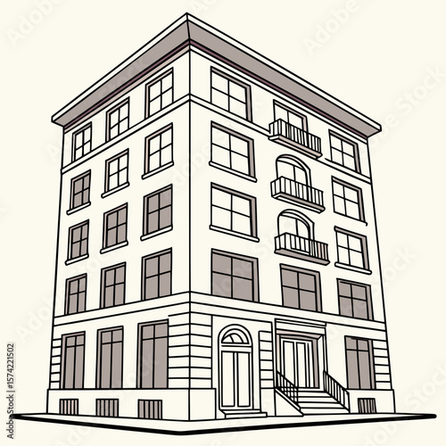 Tall cream building with grey windows and balconies