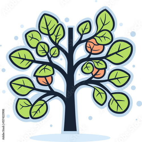 Stylized Tree Illustration with Green Leaves and Orange Fruits