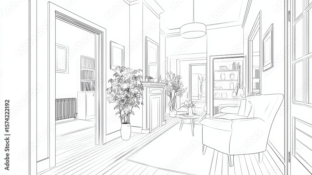Fototapeta premium Line art depiction of a cozy hallway living room with basic furniture and architectural elements