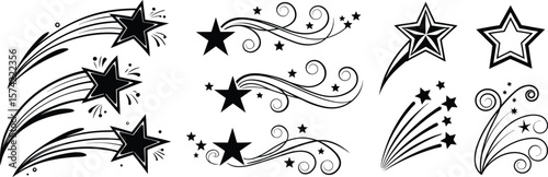 Collection of stylized black starbursts and shooting stars with decorative swirls and lines isolated on transparent background