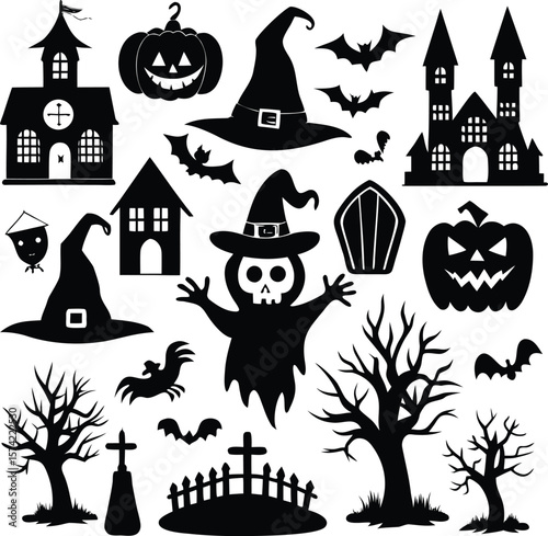 halloween silhouettes black icon and character