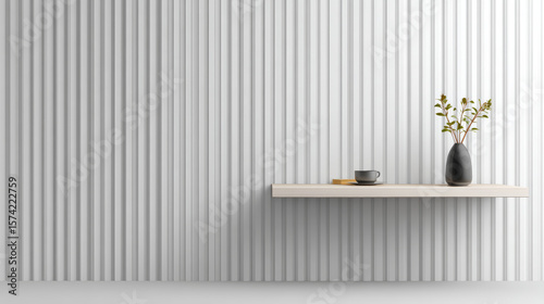 Minimalist 3D illustration of a white slatted wall featuring a simple shelf design