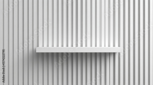 Fototapeta Naklejka Na Ścianę i Meble -  Minimalist 3D illustration of a white slatted wall featuring a simple shelf design