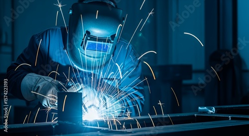 Blue Welder Sparking Metal in Dark Factory Setting