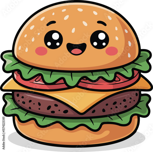 Cute Cartoon Burger with Smiling Face