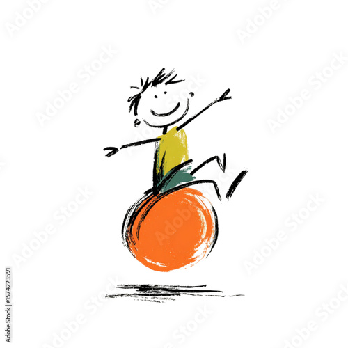 Kid bouncing on exercise ball in playful indoor activity, hand-drawn children's illustration