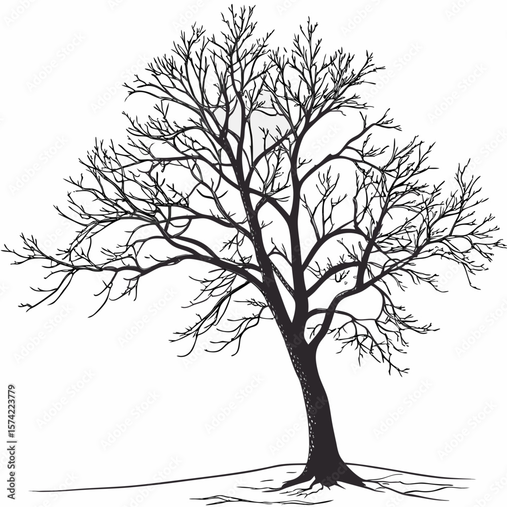 Obraz premium Bare winter tree silhouette with exposed roots bare branches