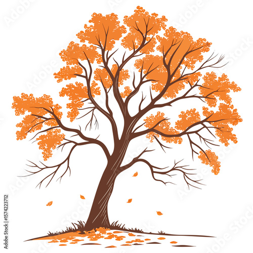Autumn tree with orange foliage and falling leaves