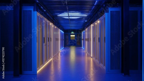 Data center hallway with blue lighting and server racks on both sides