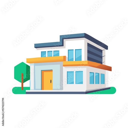 Modern villa with orange accents and blue windows contemporary architecture flat roof