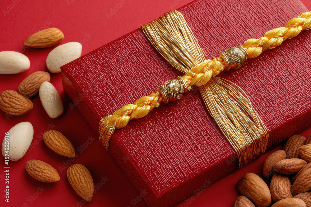 Fototapeta premium Beautiful rakhi and box of dry fruits, and a puja thali with a single diya and flowers and sweets in thali