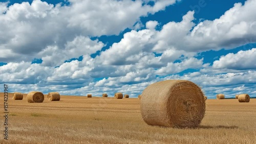 Golden hay bales under a bright blue sky with fluffy clouds in harvest landscape