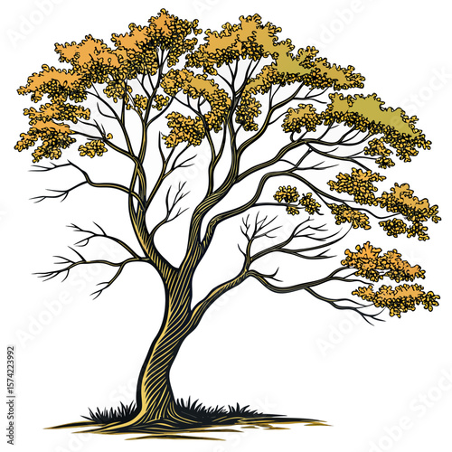 Stylized tree with golden foliage and dark trunk autumn yellow