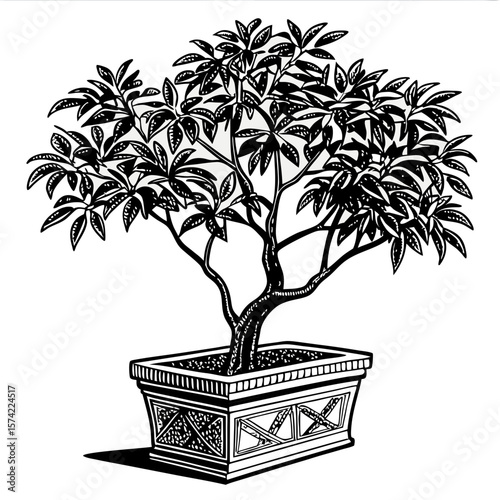 Ornate potted tree with detailed leaves and branches