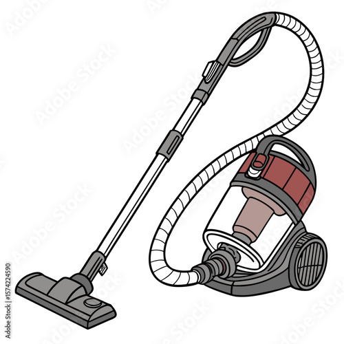 Gray and red vacuum cleaner with hose cleaning household appliance