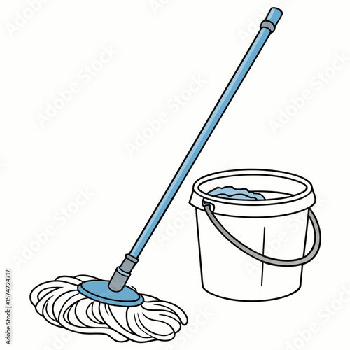 Blue mop and bucket with water cleaning