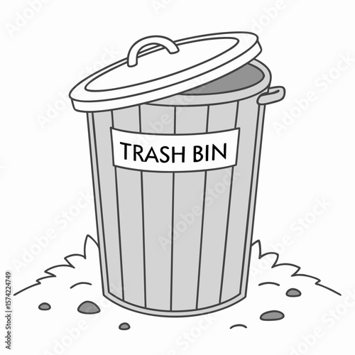 Gray trash bin with open lid garbage can waste receptacle
