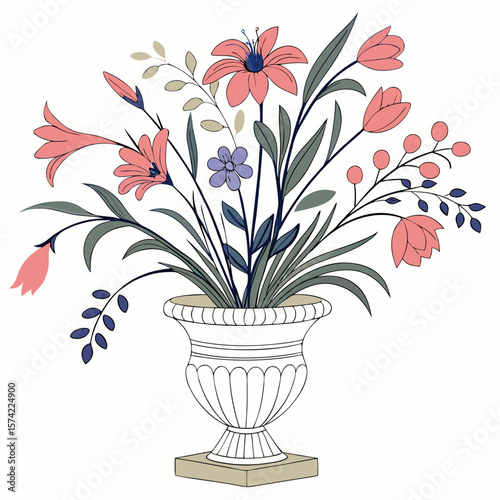 Pink and purple floral arrangement in urn pink flowers