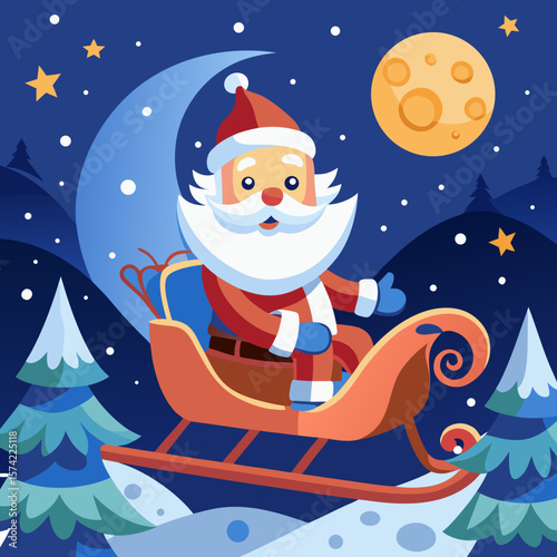 Santa claus riding sleigh under the moon on christmas eve with a starry night