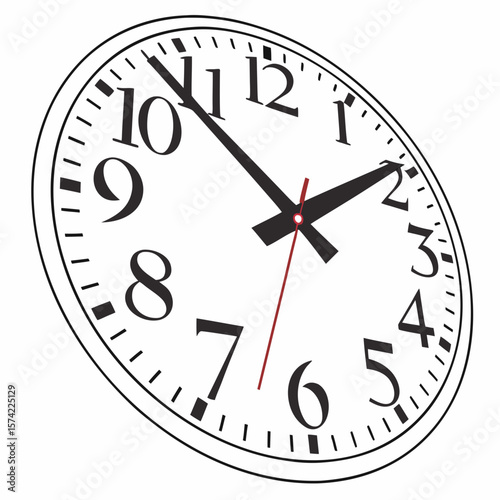 Black clock face with white background and red second hand