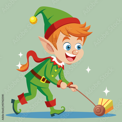 Cheerful christmas elf pulling a gift box with a cart against a light green background