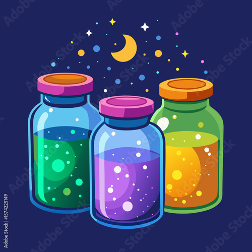 Three colorful magic potions in glass jars with crescent moon and stars on dark blue background