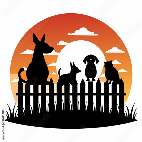 Silhouette of cute pets on a fence with a sunset sky and a gentle warm glow