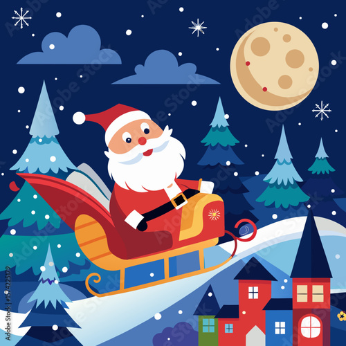Santa claus flying through the night sky with sleigh over a winter wonderland scene
