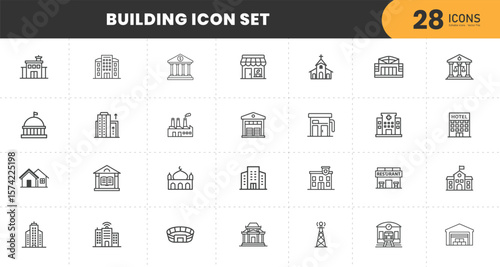  "Building Icon Set – 28 Modern Thin Line Vector Icons Representing Various Types of Buildings Including School, Hospital, Bank, Mosque, Factory, Stadium, Hotel, Restaurant, Shop, Government Office.