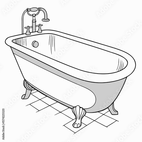 Clawfoot bathtub with faucet and tiled floor taps white