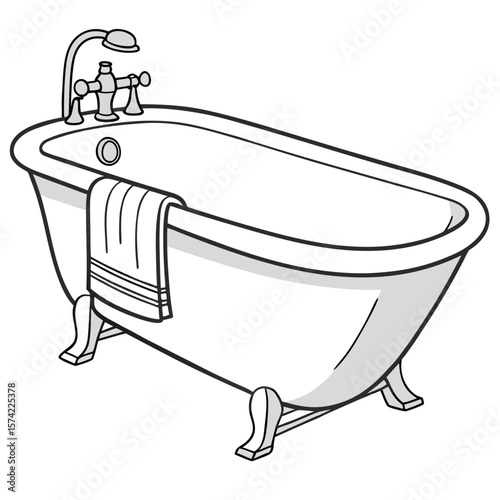 White clawfoot bathtub with towel and faucet vector