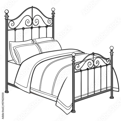 Ornate metal bed with white linens wrought iron headboard