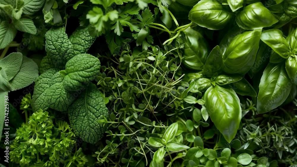 A variety of fresh green herbs and leaves in close-up. Perfect for cooking blogs, healthy eating and gardening materials, as well as for advertising natural products.
