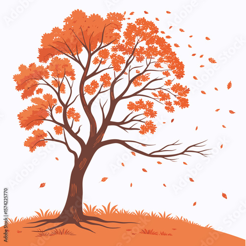 Autumn tree with falling orange leaves and grassy ground falling leaves branches