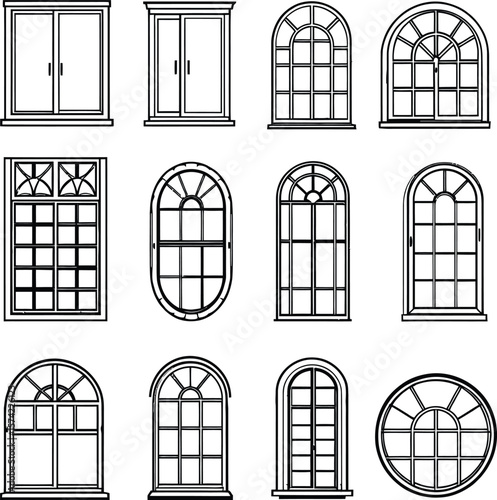 Black-and-White Vector Illustration of Window Designs – 12-Item Architectural Frame Grid