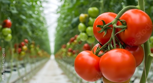 Ripe Tomatoes on Vine in Modern Greenhouse, Hydroponic Farming Agriculture

