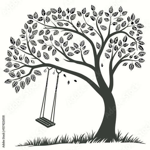 Stylized Tree with Swing and Grass leaves black and white