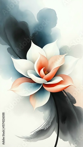 A surreal abstract flower with soft flowing petals in pastel blue, cream, peach, and coral red, appearing to bloom mid-air with fluid brush strokes and a gentle gradient background.