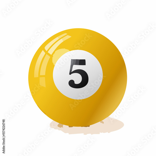 Glossy yellow billiard ball marked with the number five provides a classic element for games and sporting designs.