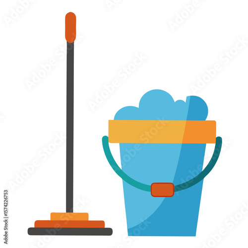 Blue bucket with suds and mop on white background cleaning water
