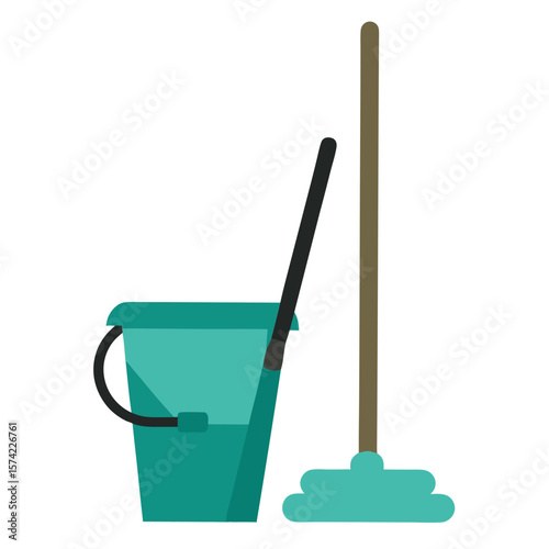 Teal bucket with mop on white background cleaning brown
