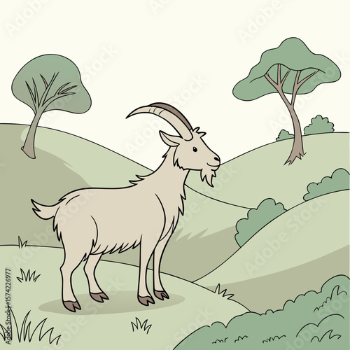 Light brown goat standing on grassy hill with trees