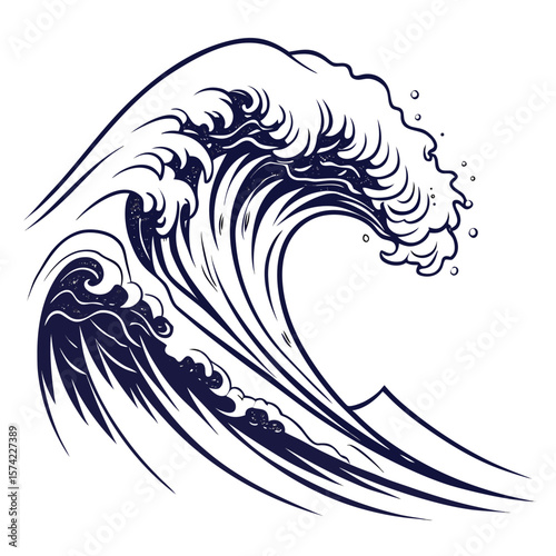 Majestic crashing wave with foamy crest and bubbles ocean water