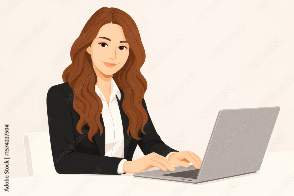 A woman with long reddish - brown hair, wearing a black blazer and white shirt, is using a laptop. A woman with long reddish - brown hair, wearing a black blazer and white shirt, is using a laptop.