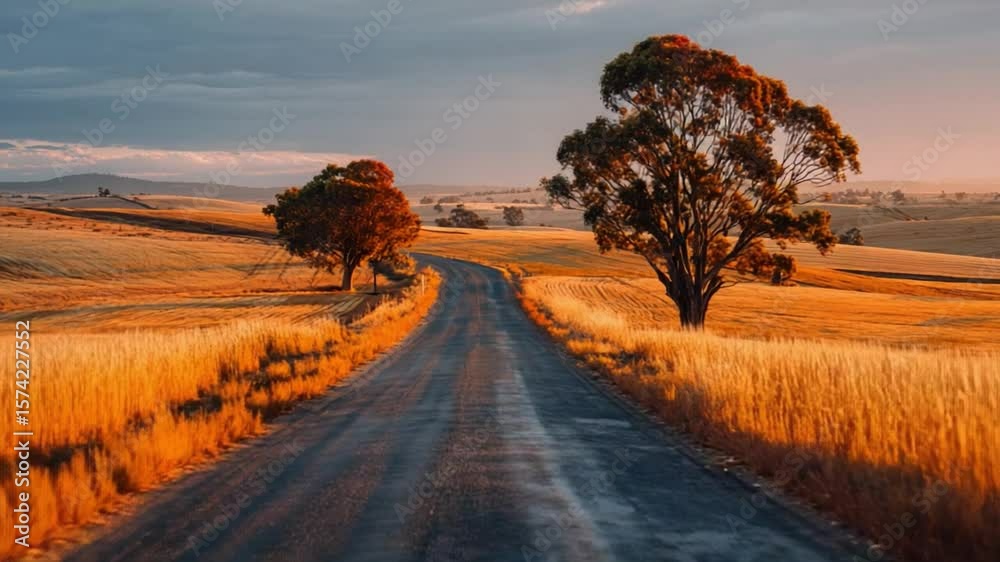 Journey through the Golden Landscape: A winding road leads the eye towards the horizon, framed by golden fields and trees bathed in the warm light of dawn.