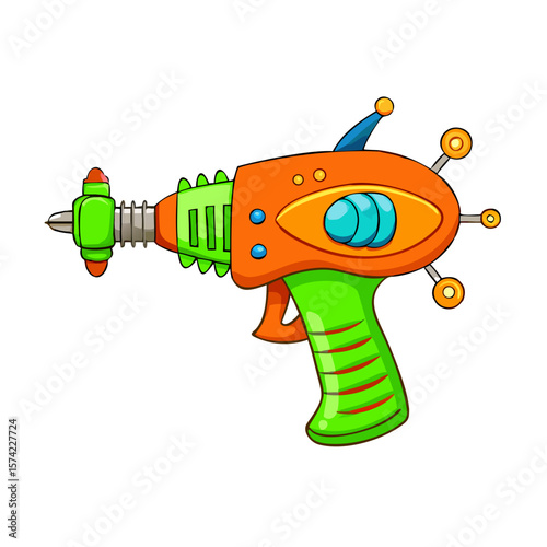 Retro Sci-Fi Cartoon Ray Gun Vector Illustration - Classic Orange and Green Toy Blaster