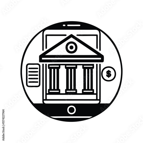 Mobile Banking App Depicting Classic Bank Building within a Circular Design