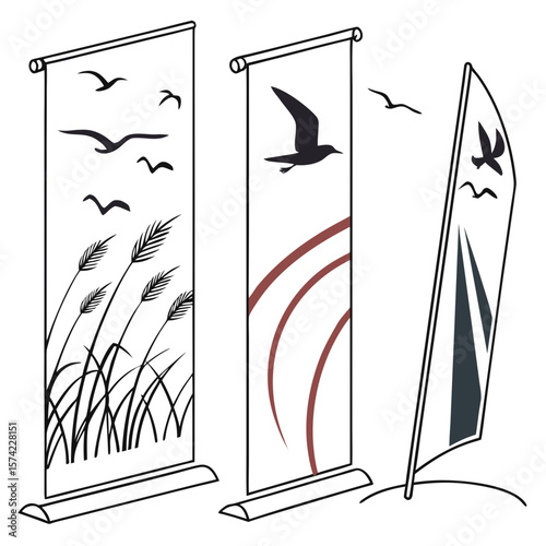 Three banners with birds and abstract designs flag display