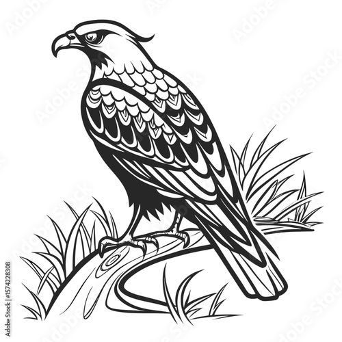 Detailed ink stroke eagle perched on branch with grass bird raptor